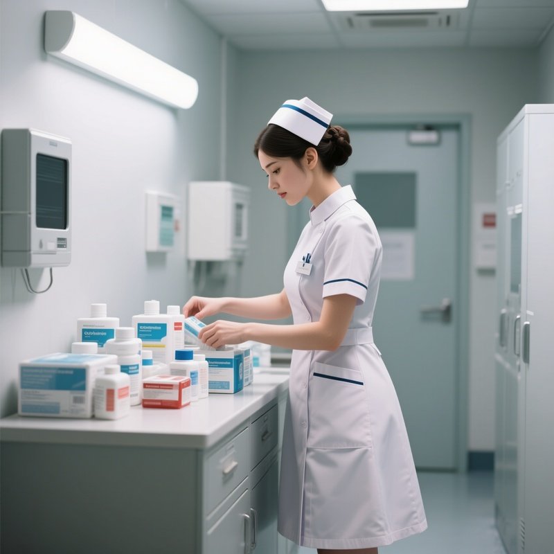 A Nurse Organizing Medical Supplies In A Clean Utility Room
