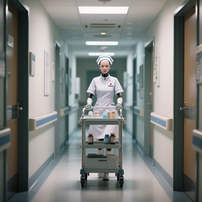 A Nurse Pushing A Medication Cart Down A Quiet Hallway