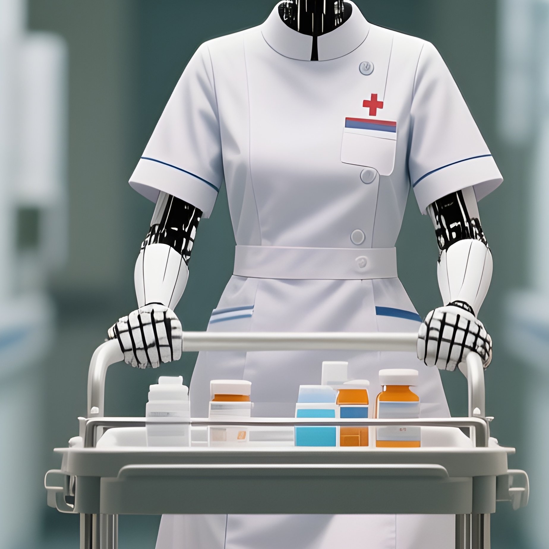 A Nurse Pushing A Medication Cart Down A Quiet Hallway - Full Resolution Quality Preview