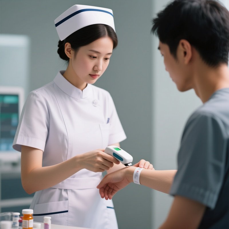 A Nurse Scanning A Patient’S Wristband For Medication Accuracy