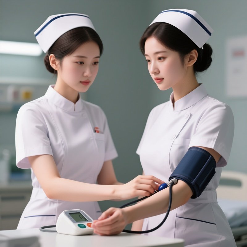 A Nurse Taking Blood Pressure With An Automatic Cuff