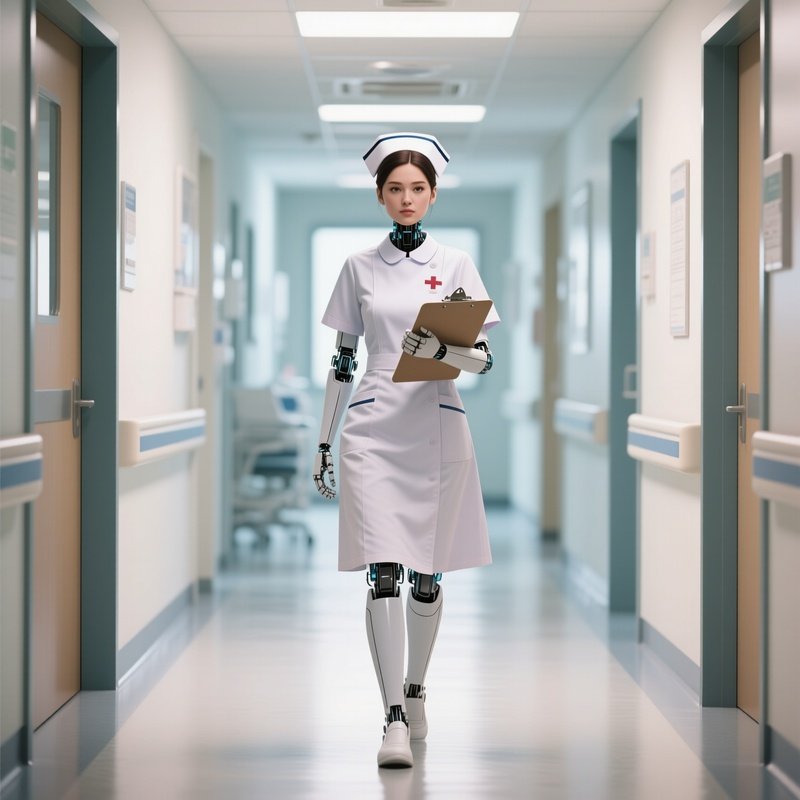 A Nurse Walking With A Clipboard Through A Bright Hallway