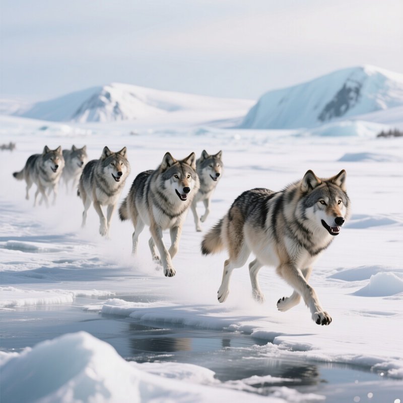A Pack Of Arctic Wolves Running Across Frozen Tundra.