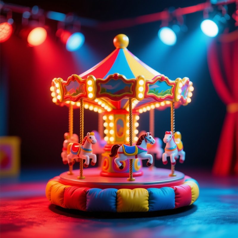 A Padded Mini Carousel Spinning Slowly Under Colorful Spotlights