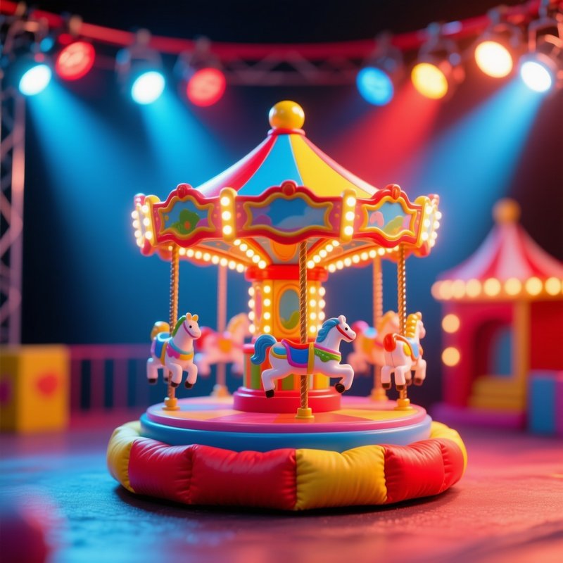 A Padded Mini Carousel Spinning Slowly Under Colorful Spotlights