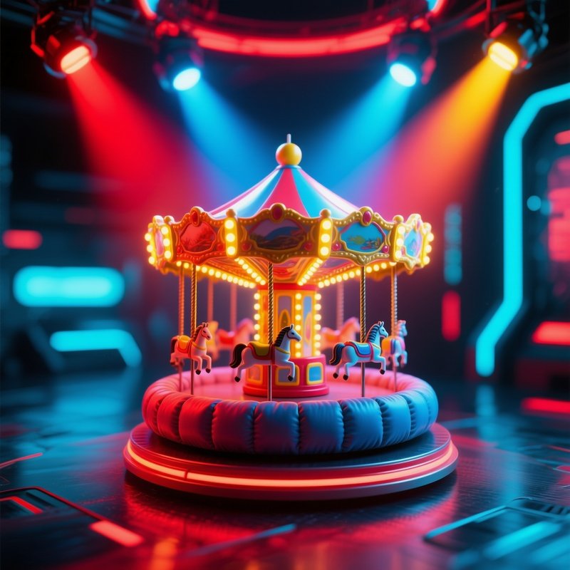 A Padded Mini Carousel Spinning Slowly Under Colorful Spotlights