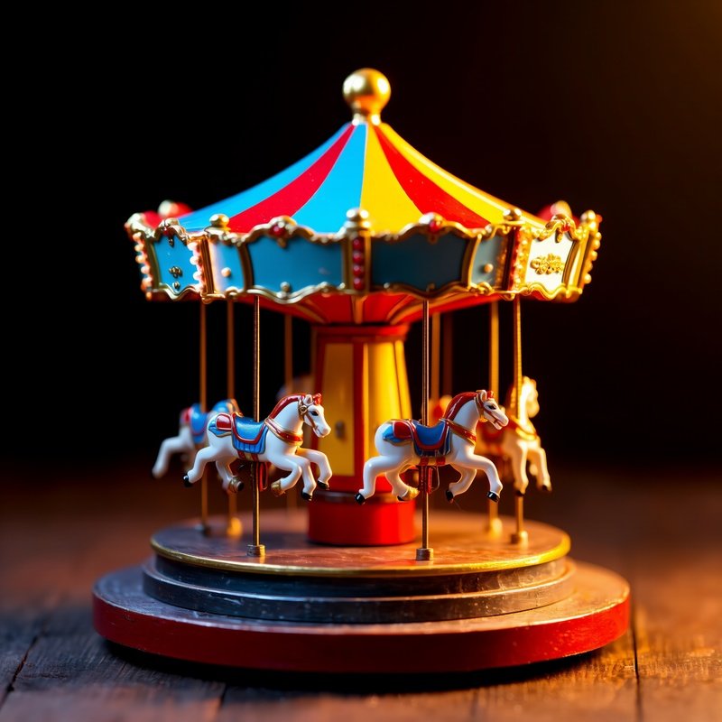 A Padded Mini Carousel Spinning Slowly Under Colorful Spotlights
