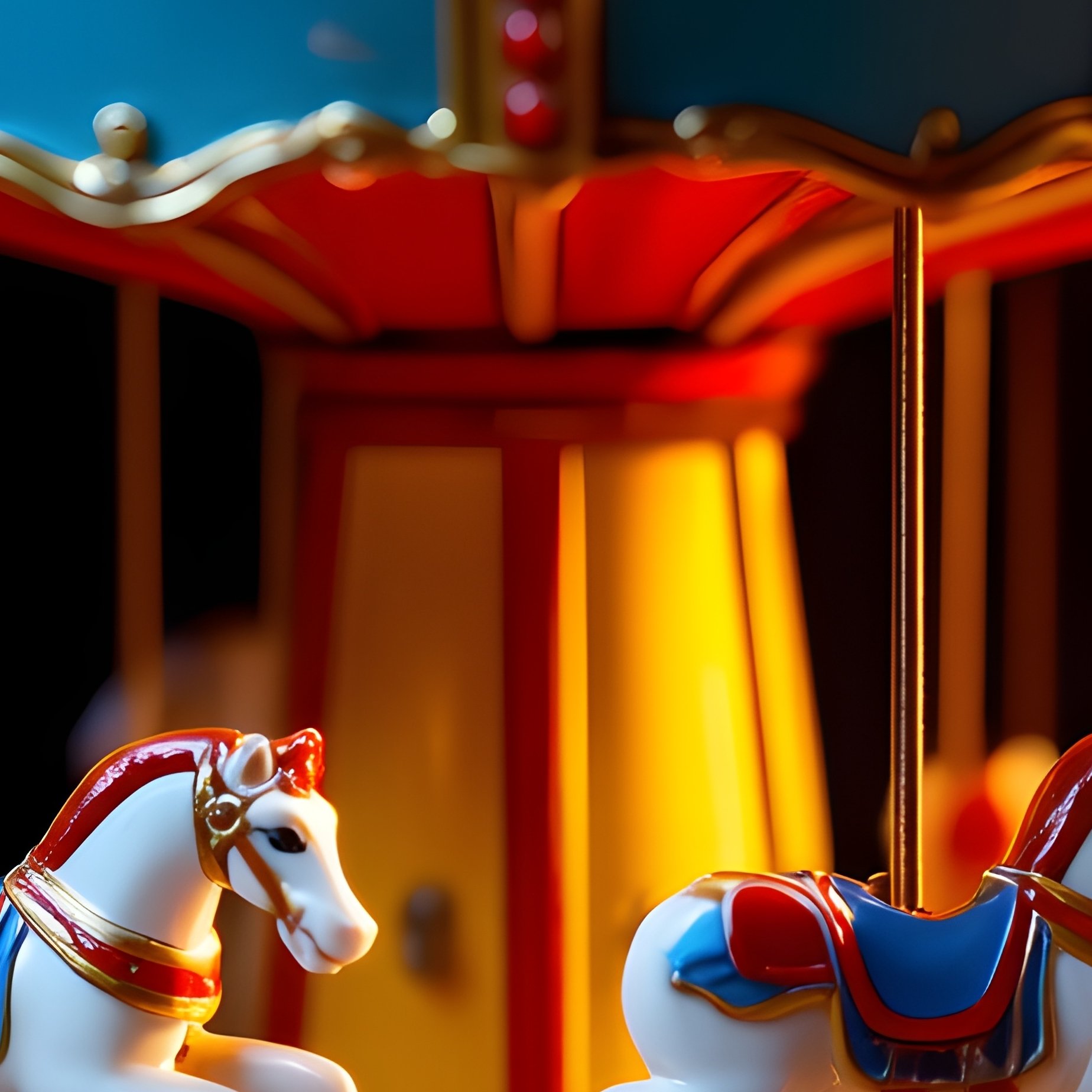 A Padded Mini Carousel Spinning Slowly Under Colorful Spotlights - Full Resolution Quality Preview