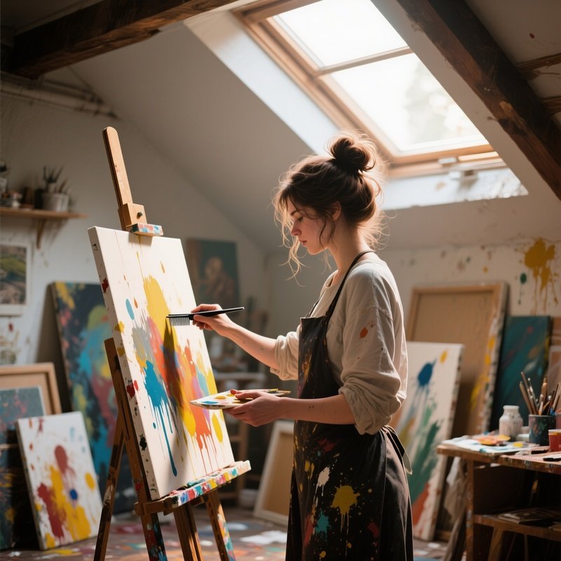 A Painter With A Messy Bun Receives A Trim In An Attic Studio Filled With Canvases, Splattered
