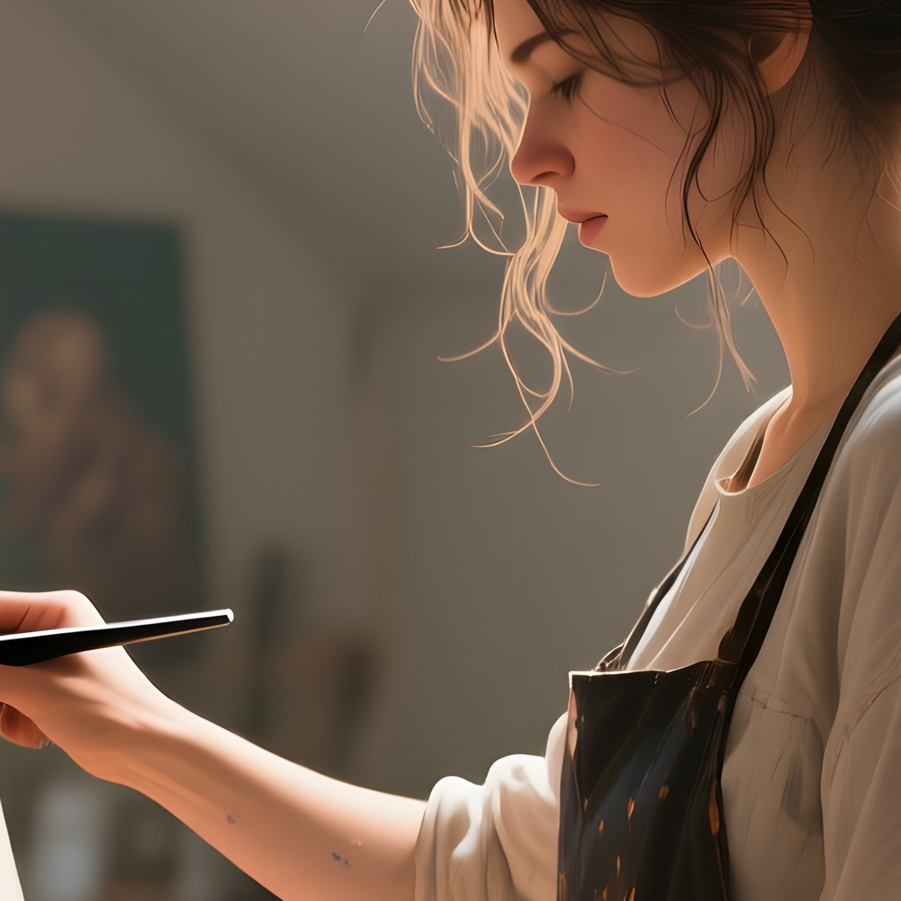 A Painter With A Messy Bun Receives A Trim In An Attic Studio Filled With Canvases, Splattered - Full Resolution Quality Preview