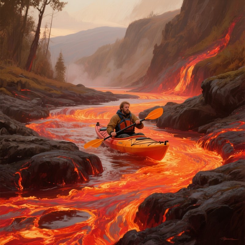 A Paintings Of A Kayaker Battling A Raging Lava River