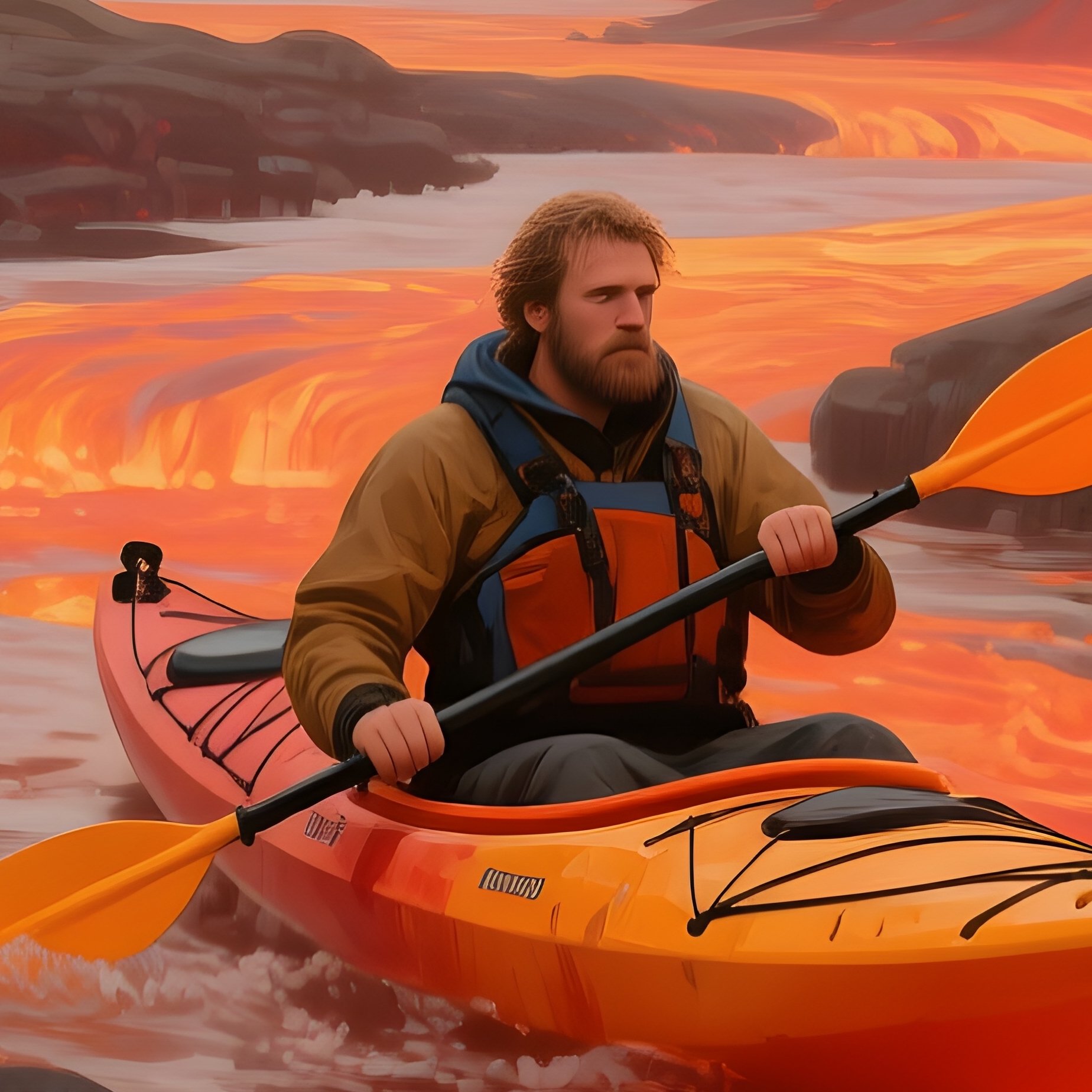 A Paintings Of A Kayaker Battling A Raging Lava River - Full Resolution Quality Preview