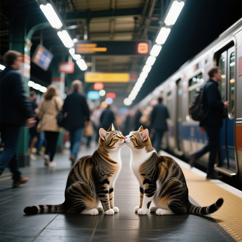 A Pair Of Cats Exchange A Tender Kiss On A Bustling Train Platform During Rush Hour, Blurred