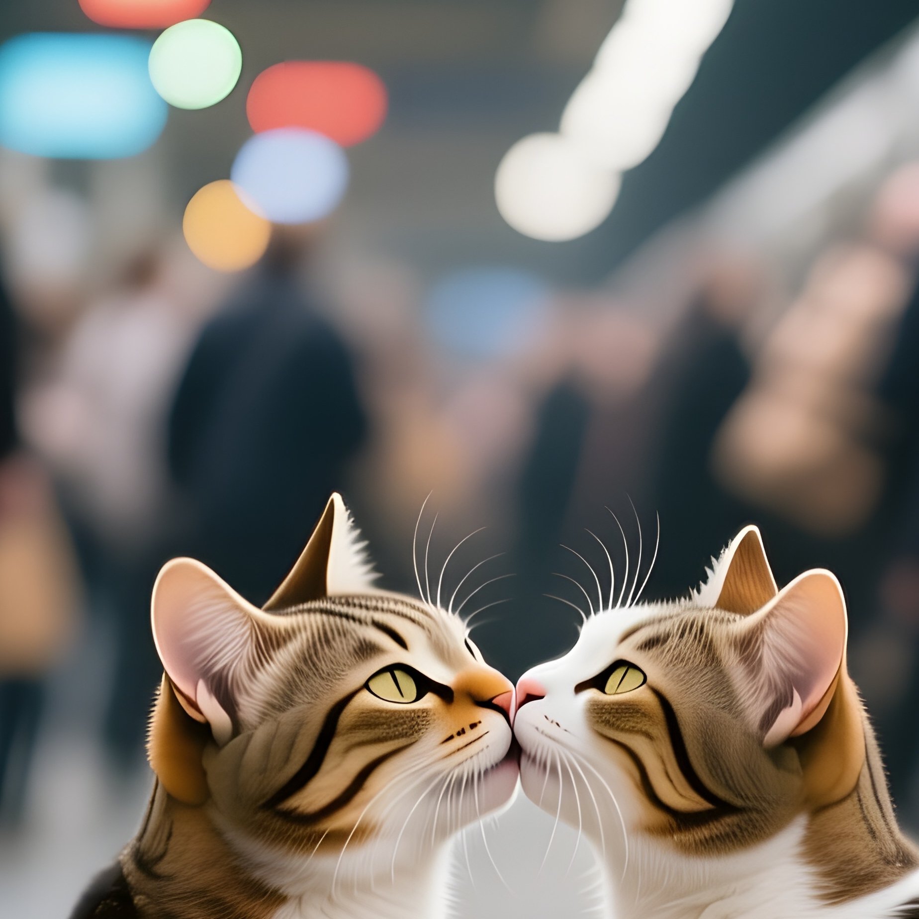 A Pair Of Cats Exchange A Tender Kiss On A Bustling Train Platform During Rush Hour, Blurred - Full Resolution Quality Preview