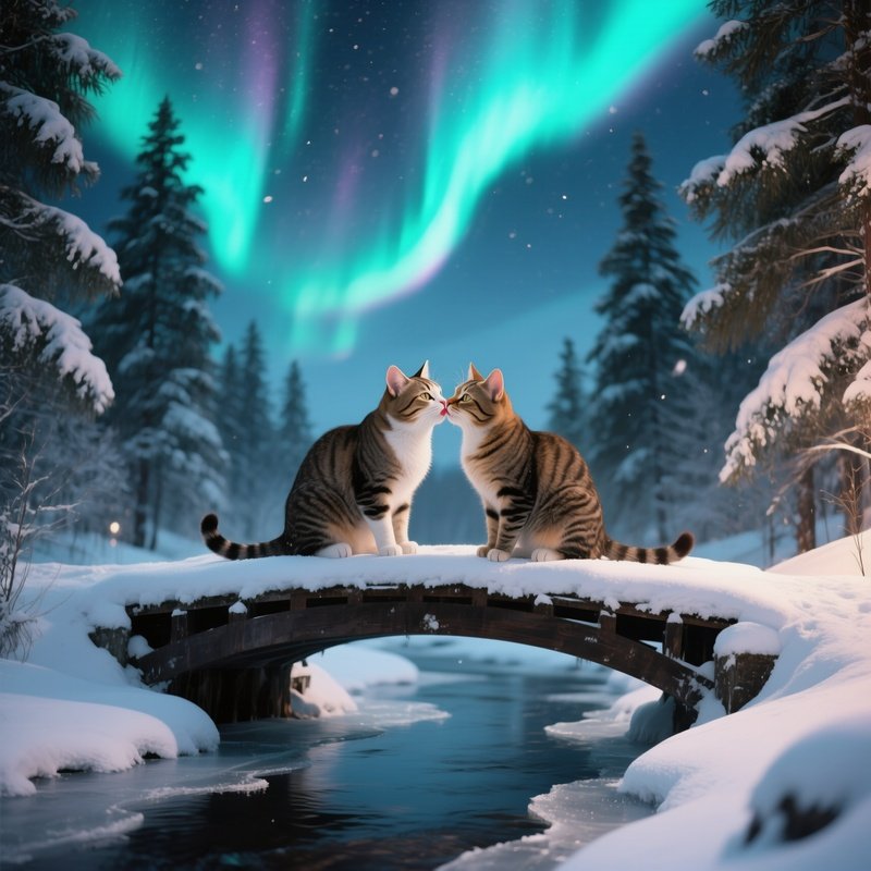 A Pair Of Cats Press Noses For A Kiss On A Snowy Bridge Over Frozen River, Northern Lights
