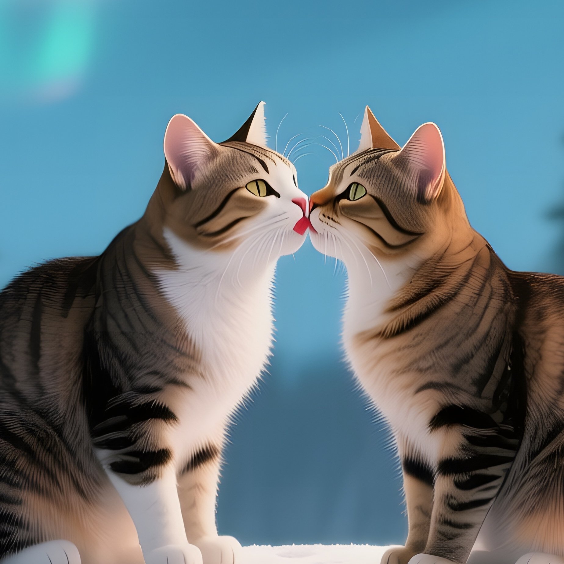 A Pair Of Cats Press Noses For A Kiss On A Snowy Bridge Over Frozen River, Northern Lights - Full Resolution Quality Preview