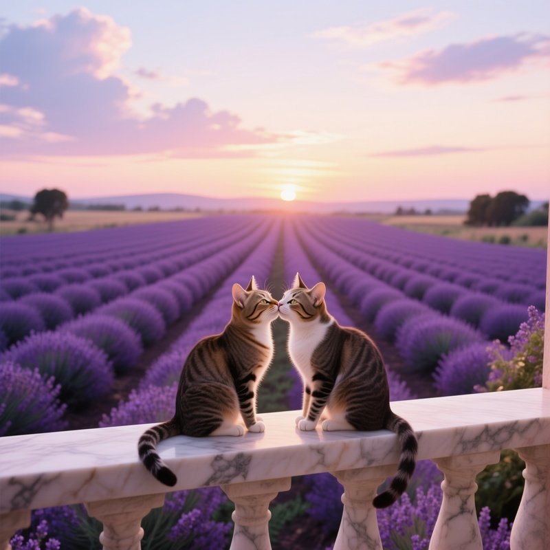 A Pair Of Cats Share A Gentle Kiss On A Marble Balcony Overlooking A Lavender Field At Sunset, Rows