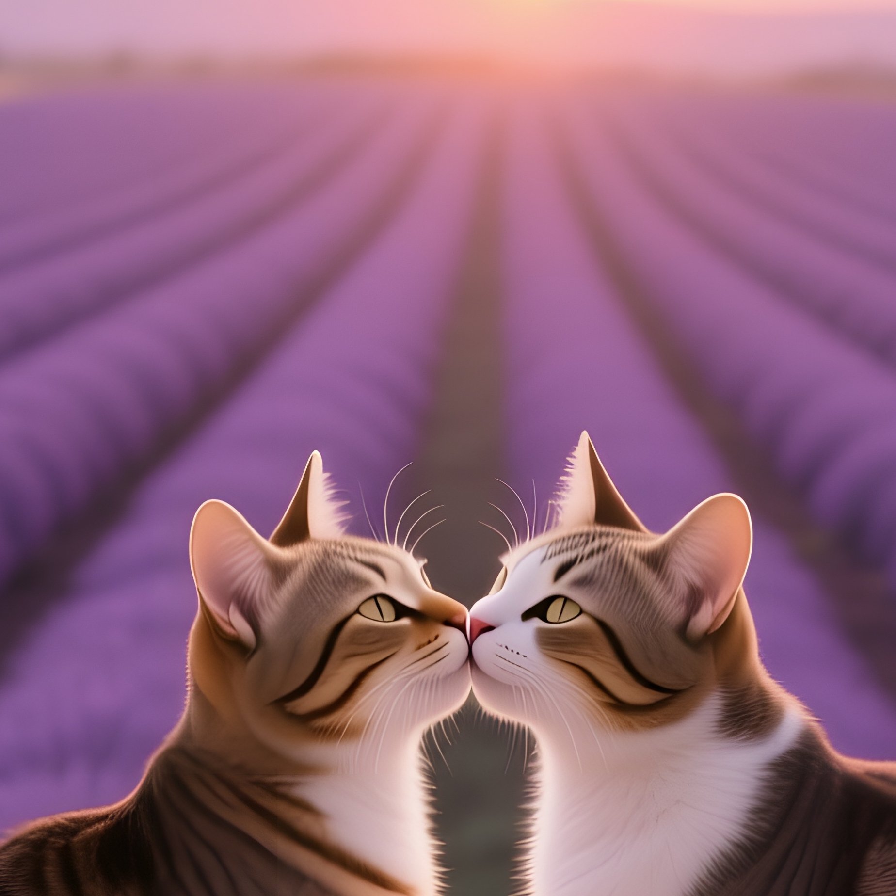 A Pair Of Cats Share A Gentle Kiss On A Marble Balcony Overlooking A Lavender Field At Sunset, Rows - Full Resolution Quality Preview