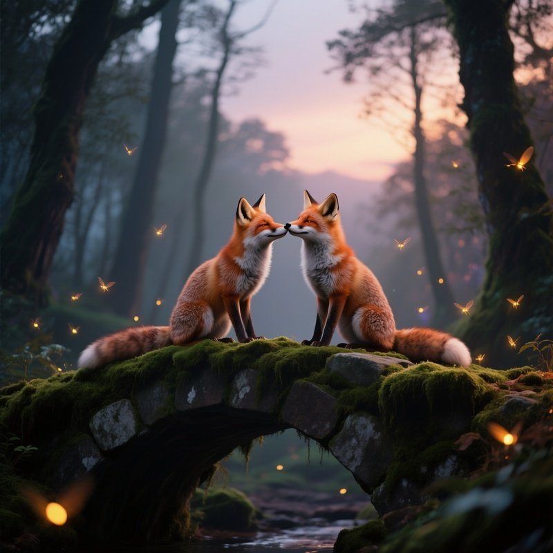 A Pair Of Foxes Share A Tender Kiss Atop A Moss‑Covered Stone Bridge In An Enchanted Forest,