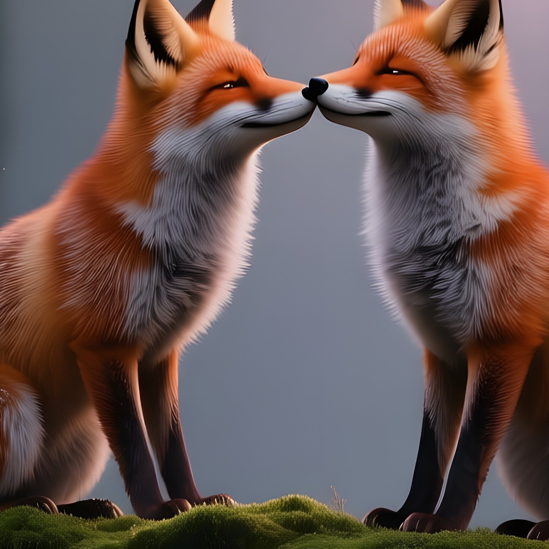 A Pair Of Foxes Share A Tender Kiss Atop A Moss‑Covered Stone Bridge In An Enchanted Forest, - Full Resolution Quality Preview