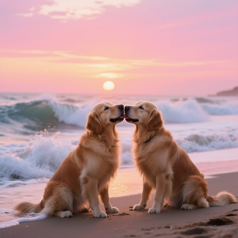 A Pair Of Golden Retrievers Share A Playful Kiss On A Beach With Crashing Waves, Sunrise Painting