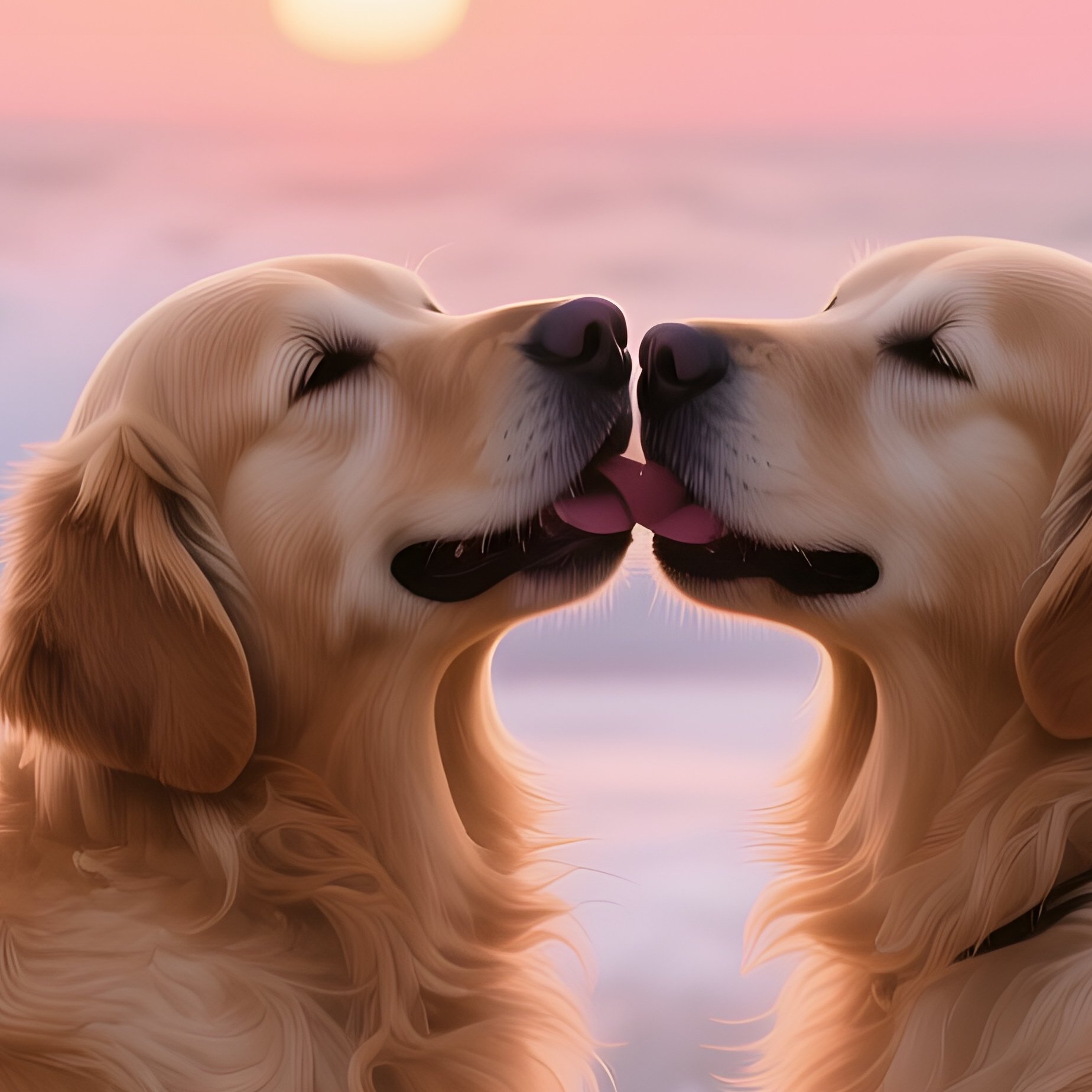 A Pair Of Golden Retrievers Share A Playful Kiss On A Beach With Crashing Waves, Sunrise Painting - Full Resolution Quality Preview