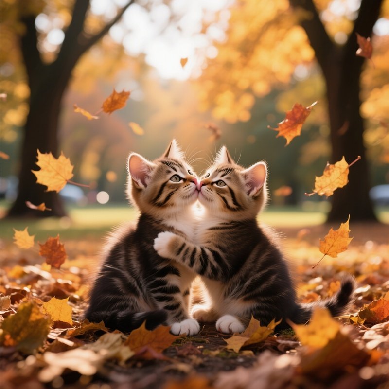 A Pair Of Kittens Cuddle And Share A Kiss Amid Autumn Leaves Swirling Around Them In A Park, Amber