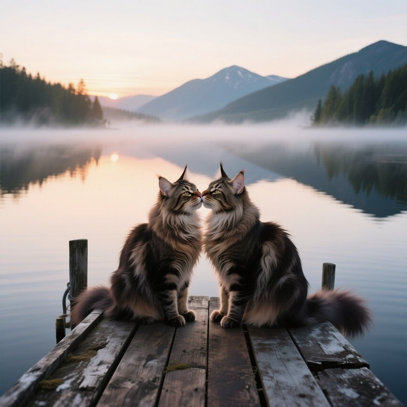 A Pair Of Long Haired Maine Coons Share A Sweet Kiss Atop A Weathered Wooden Dock At Sunrise, Mist