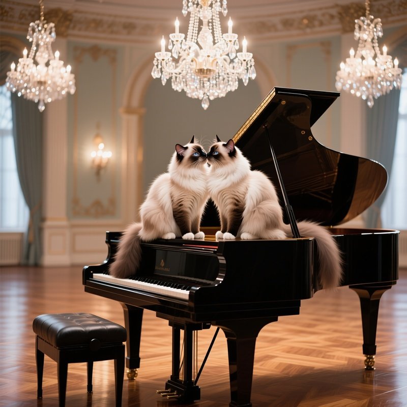 A Pair Of Long Haired Ragdoll Cats Share A Tender Kiss Atop A Grand Piano In An Elegant Ballroom,
