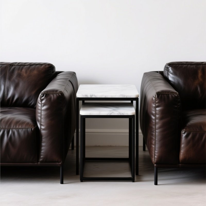A Pair Of Nesting Side Tables One White Marble And One Black Metal Positioned Next To A Leather Sofa