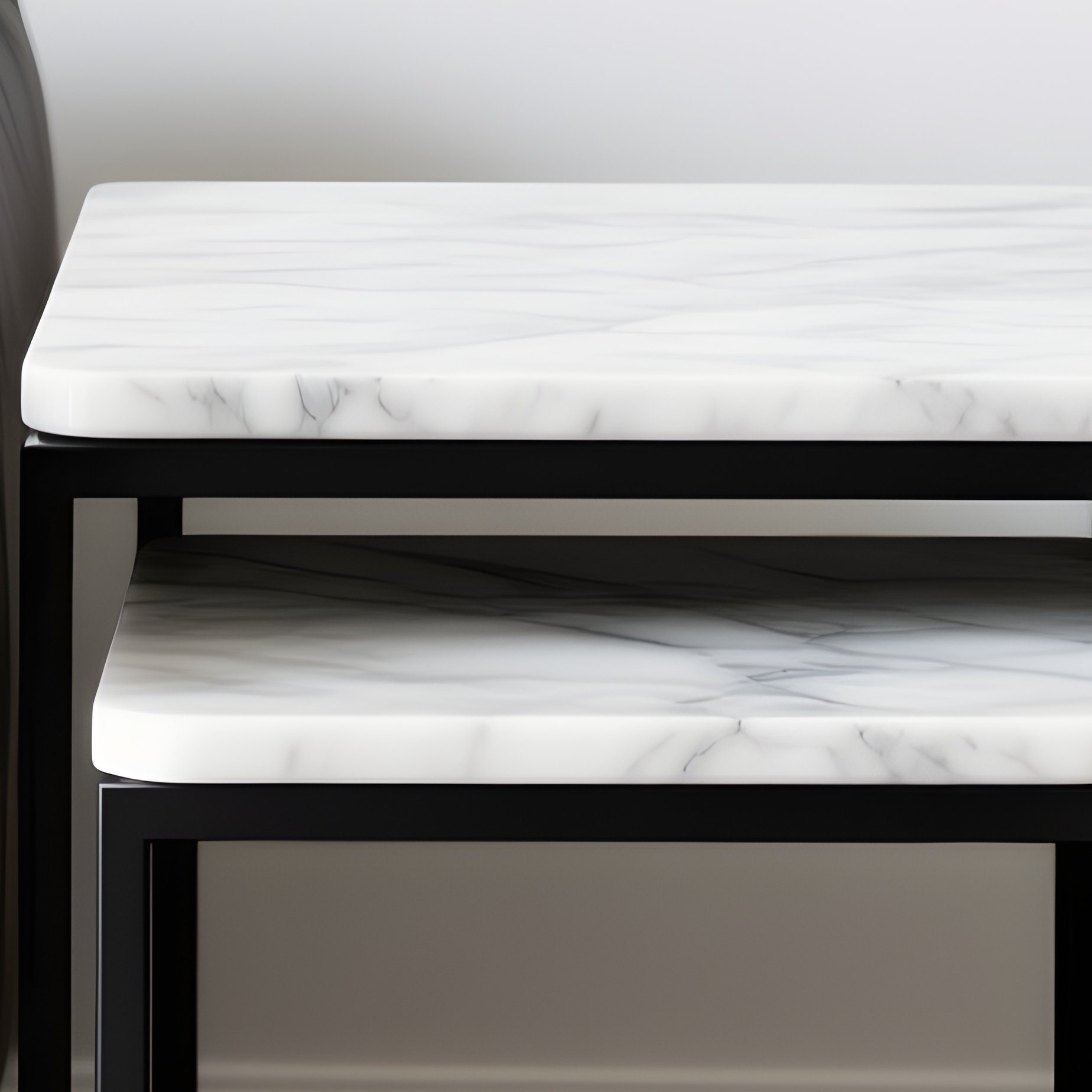 A Pair Of Nesting Side Tables One White Marble And One Black Metal Positioned Next To A Leather Sofa - Full Resolution Quality Preview