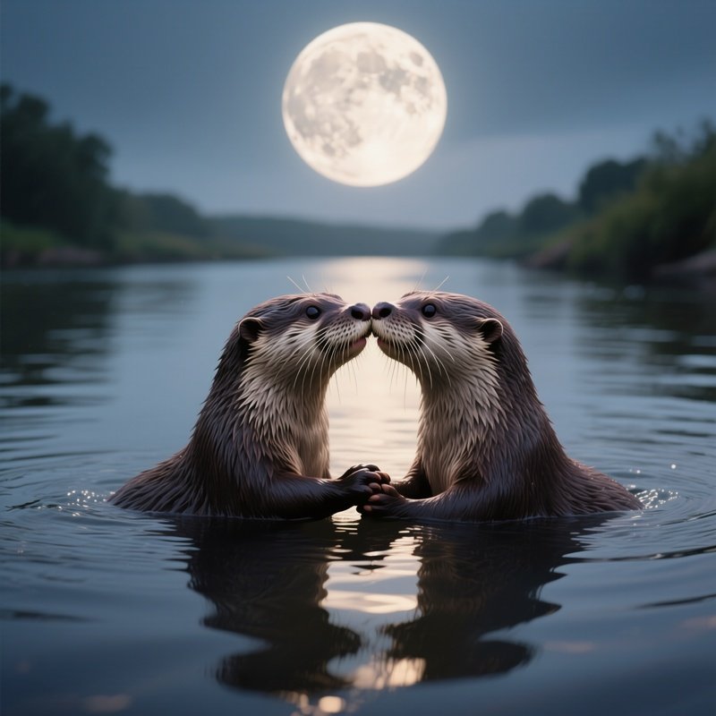 A Pair Of Otters Float Hand‑In‑Hand, Noses Touching In A Sweet Kiss Beneath A Full Moon Reflecting