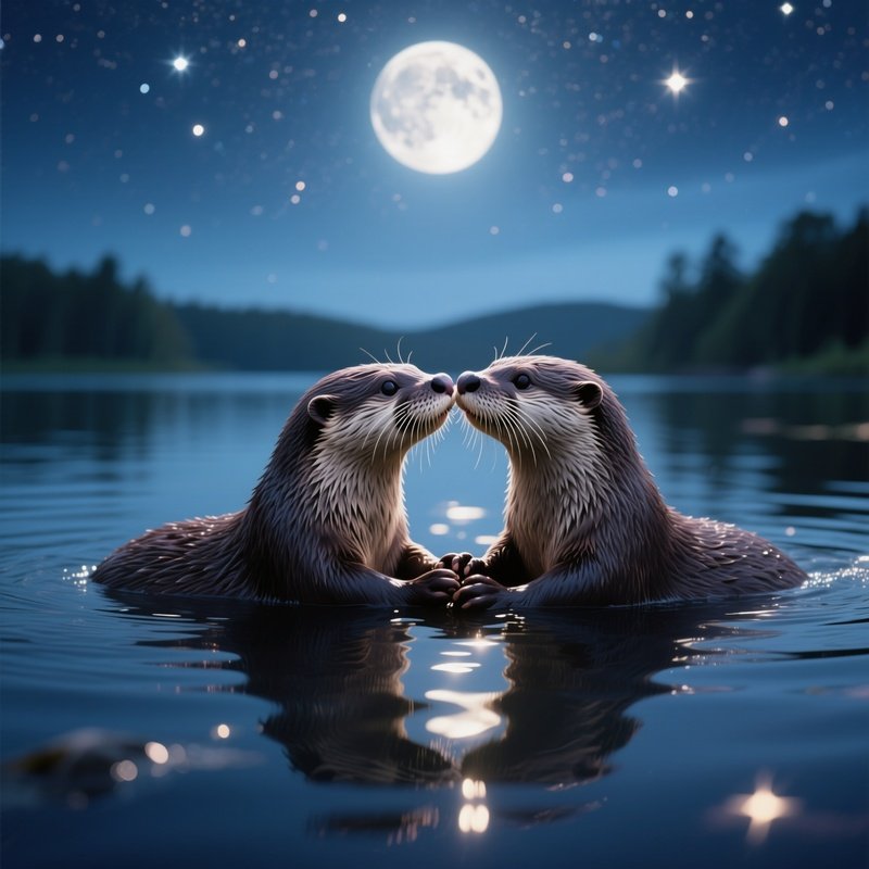 A Pair Of Otters Float Hand‑In‑Hand, Noses Touching For A Sweet Kiss On A Moonlit Lake Reflecting