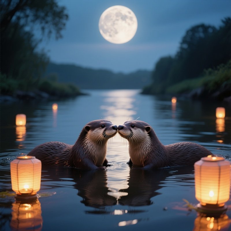 A Pair Of Otters Float Side By Side, Noses Touching In A Tender Kiss On A Calm River Under A Full