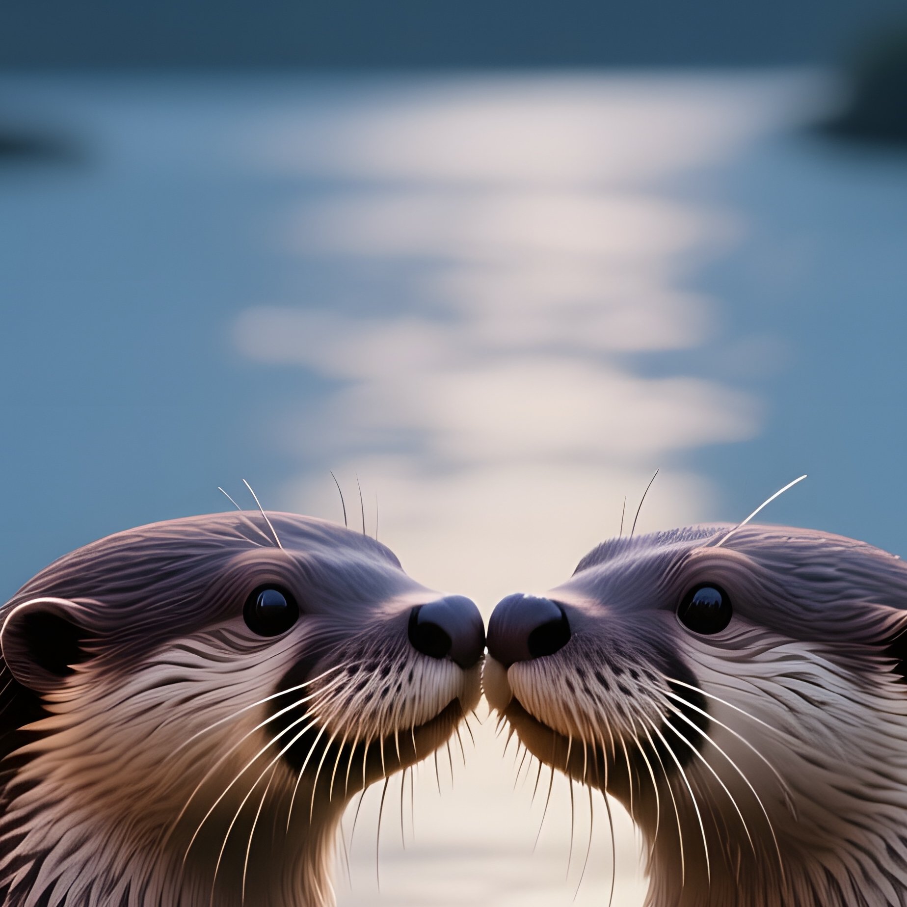 A Pair Of Otters Float Side By Side, Noses Touching In A Tender Kiss On A Calm River Under A Full - Full Resolution Quality Preview