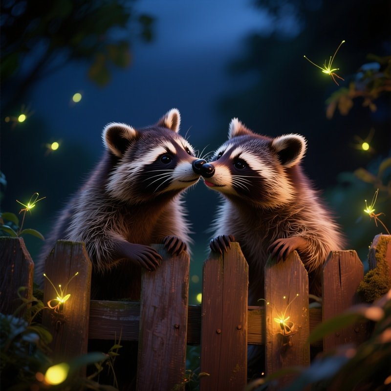 A Pair Of Raccoons Share A Mischievous Kiss Atop A Wooden Fence Illuminated By Fireflies On A Warm