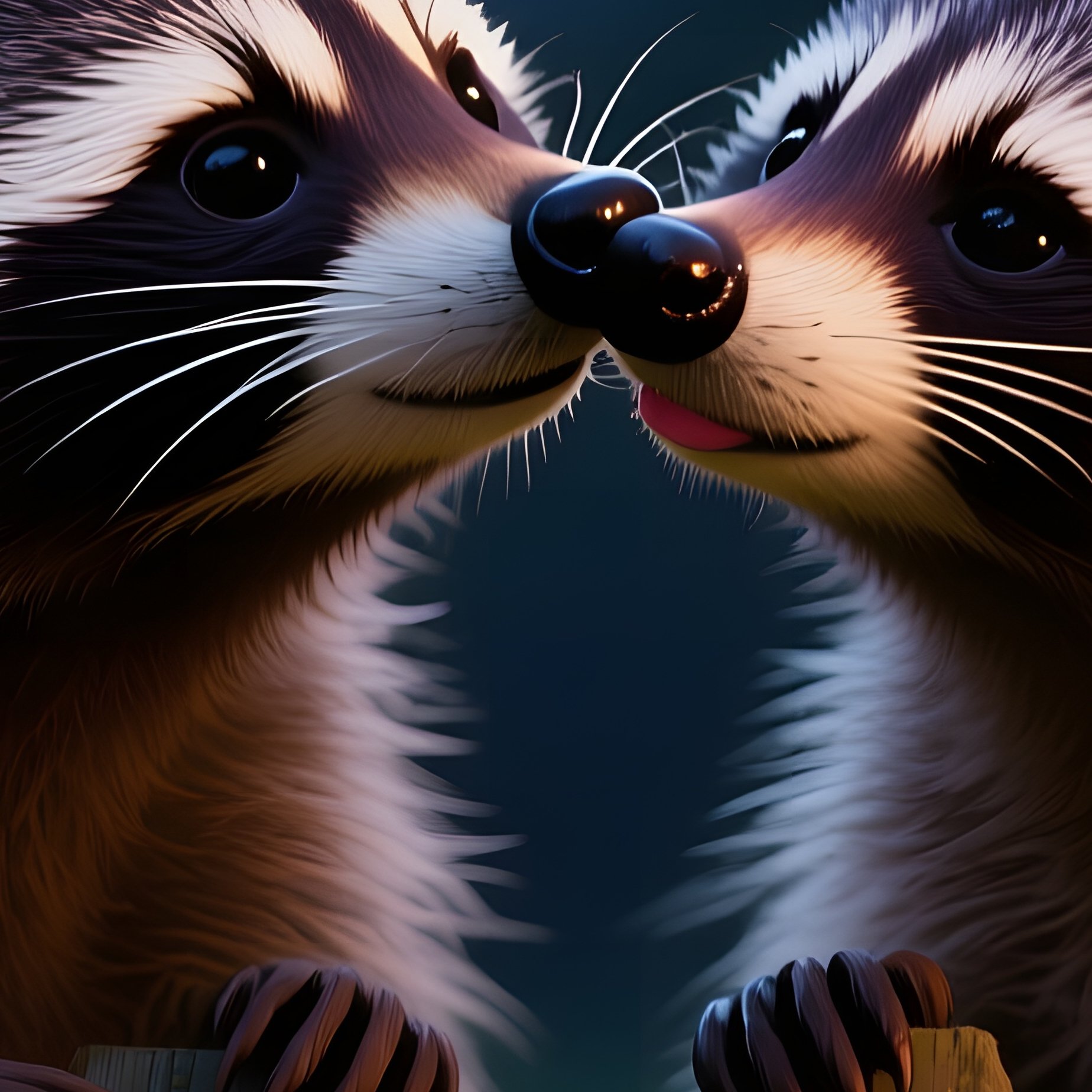 A Pair Of Raccoons Share A Mischievous Kiss Atop A Wooden Fence Illuminated By Fireflies On A Warm - Full Resolution Quality Preview