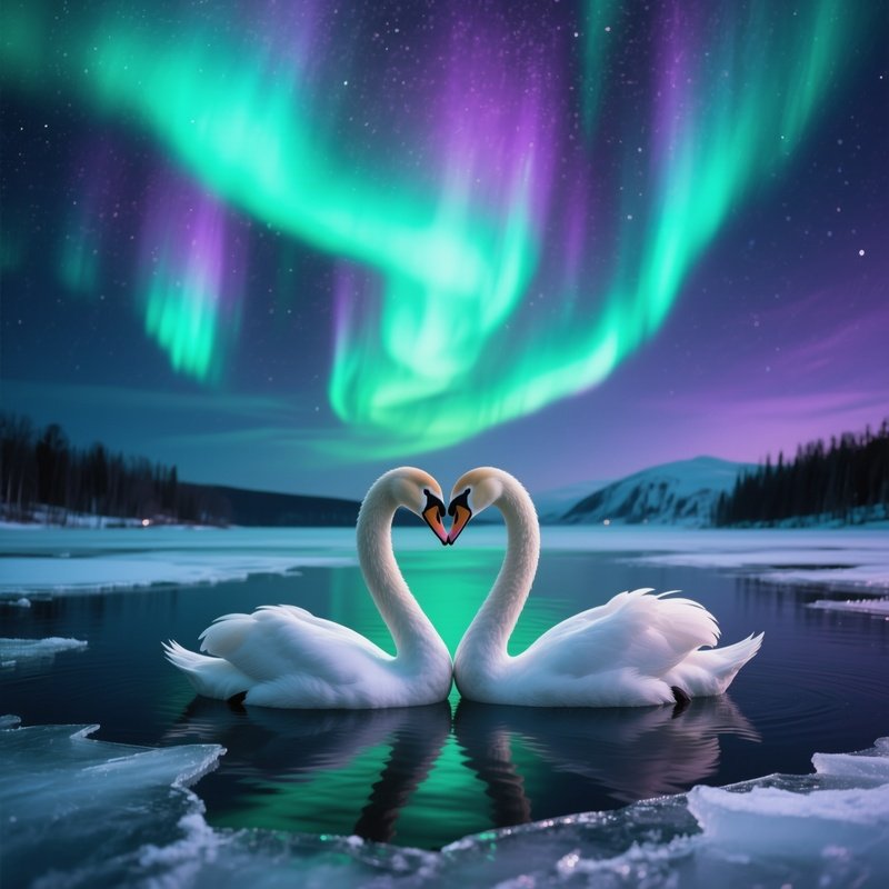 A Pair Of Swans Entwine Their Heads For A Kiss Atop A Frozen Lake Under The Northern Lights,