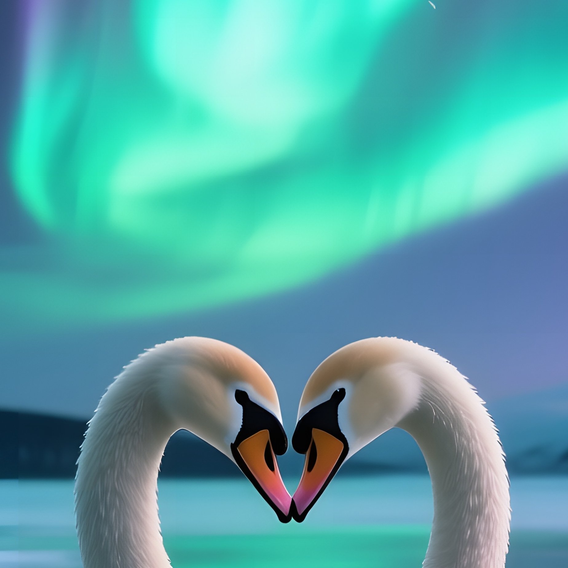 A Pair Of Swans Entwine Their Heads For A Kiss Atop A Frozen Lake Under The Northern Lights, - Full Resolution Quality Preview