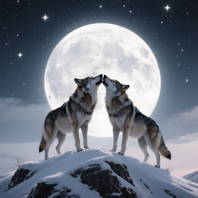 A Pair Of Wolves Howl Together While Their Noses Meet For A Tender Kiss Atop A Snow‑Covered Ridge
