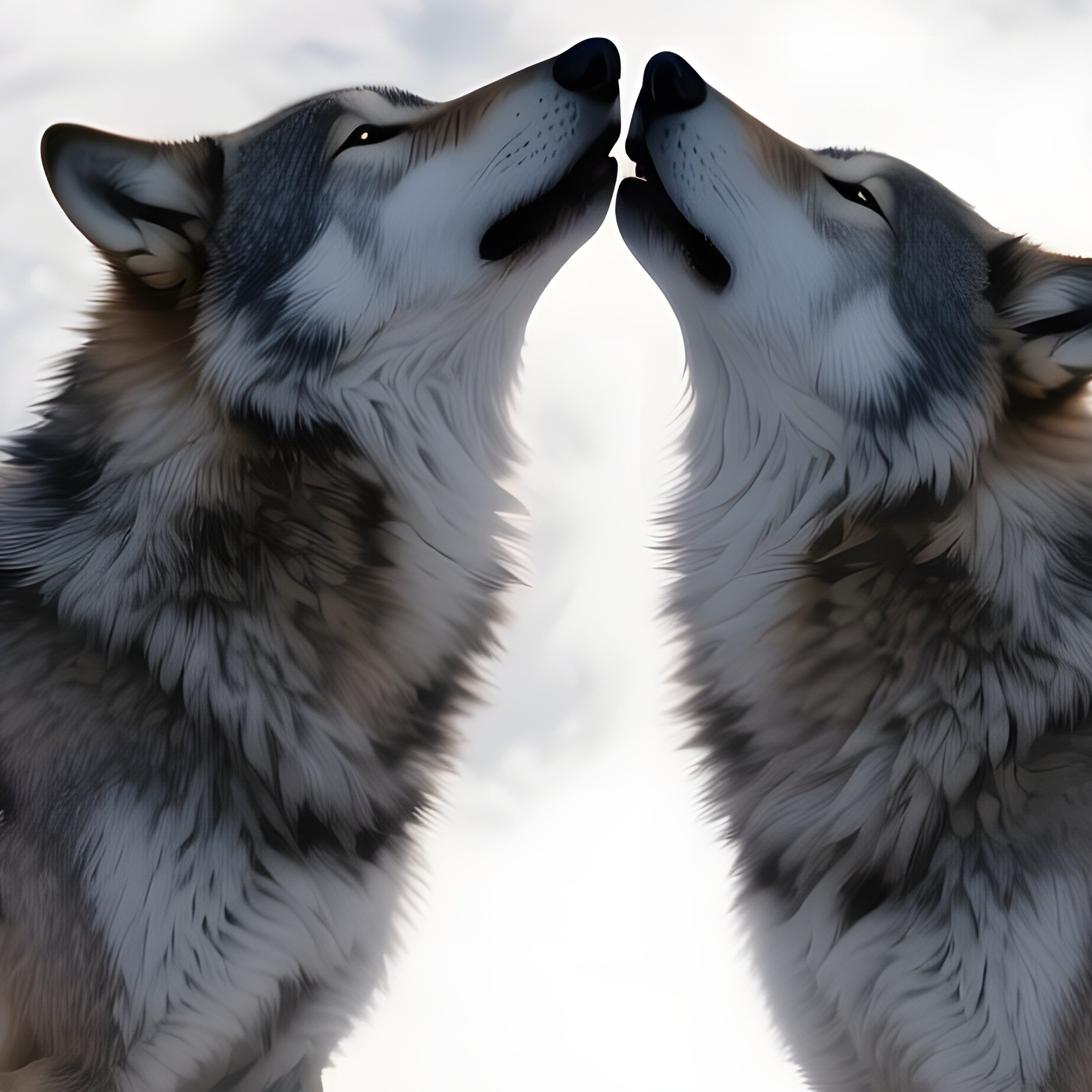 A Pair Of Wolves Howl Together While Their Noses Meet For A Tender Kiss Atop A Snow‑Covered Ridge - Full Resolution Quality Preview