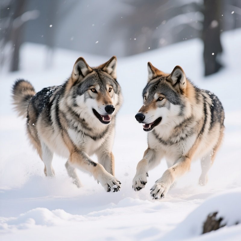 A Pair Of Wolves Playing In Fresh Powder Snow.