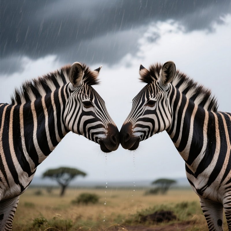 A Pair Of Zebras Press Foreheads Together For A Sweet Kiss On The African Plains As Storm Clouds