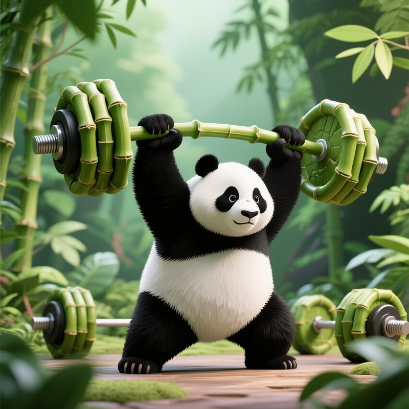 A Panda Lifting Bamboo Weights Image