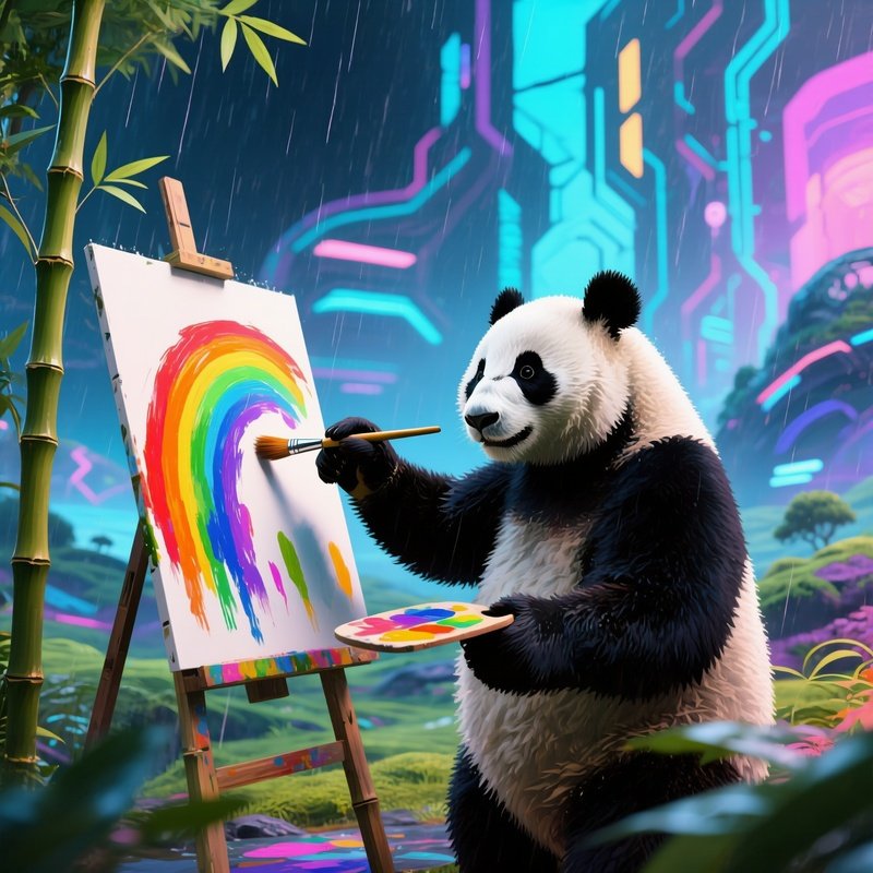 A Panda Painting Rainbows With Bamboo Brushes 2
