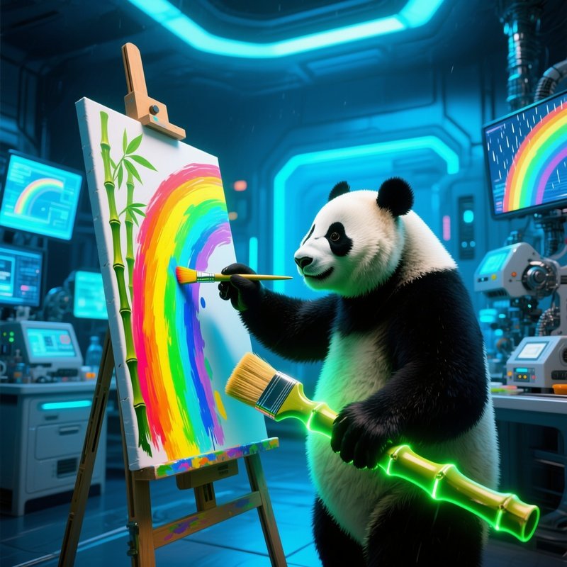 A Panda Painting Rainbows With Bamboo Brushes 2