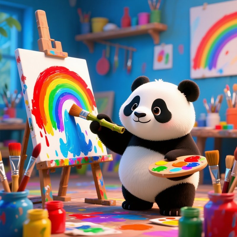 A Panda Painting Rainbows With Bamboo Brushes
