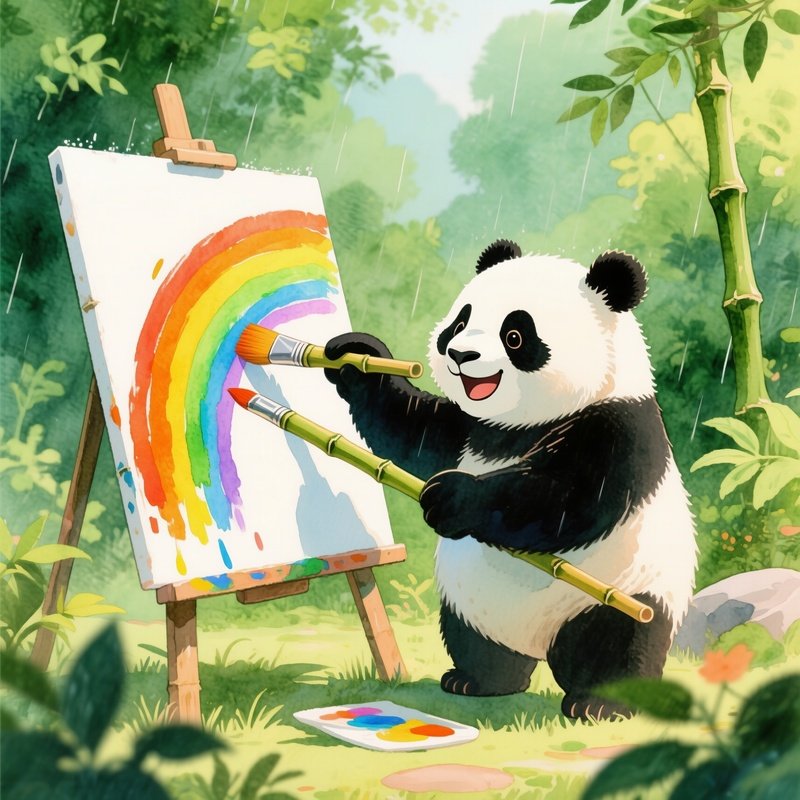A Panda Painting Rainbows With Bamboo Brushes