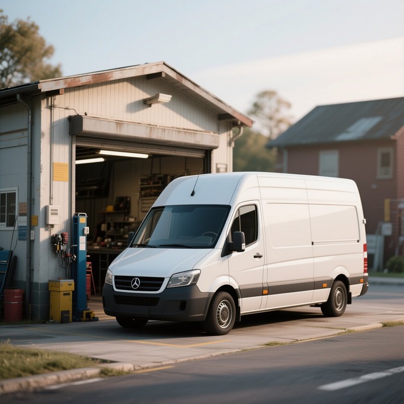 A Panel Van Parked Beside A Small Repair Workshop