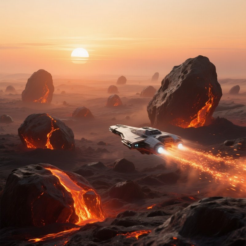 A Panoramic Sunrise Over An Asteroid Field Where Each Rock Glows With Internal Lava, Casting A Warm